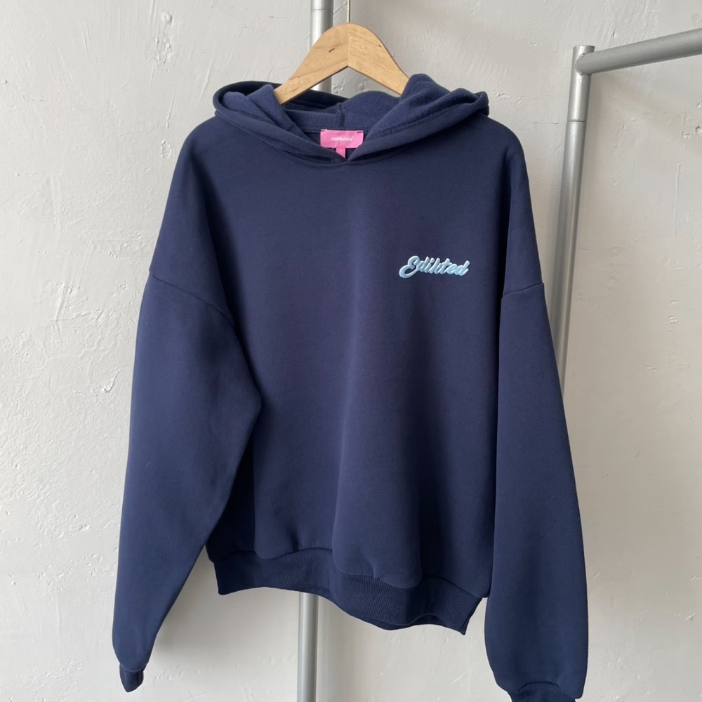 Edikted Navy Blue Hoodie Sweater with Light Blue Script Logo